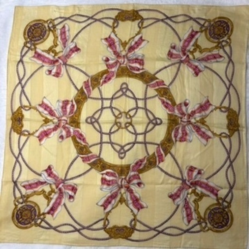 Vtg CELINE Scarf Handkerchief Bow Rope Tassel Yellow Pink 19"